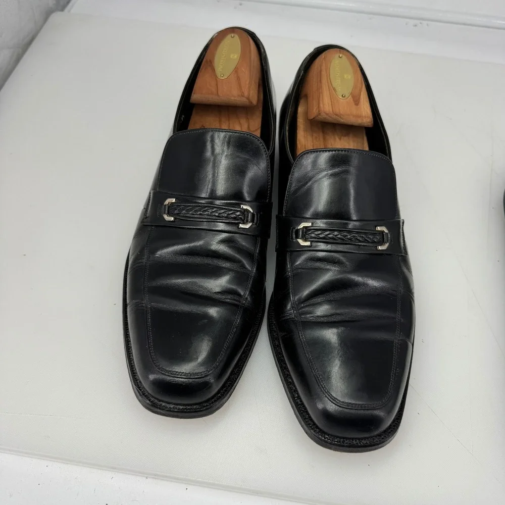 Vintage Florsheim Bit Loafers Men 9.5 D Black Leather Braided Strap Dress Shoes